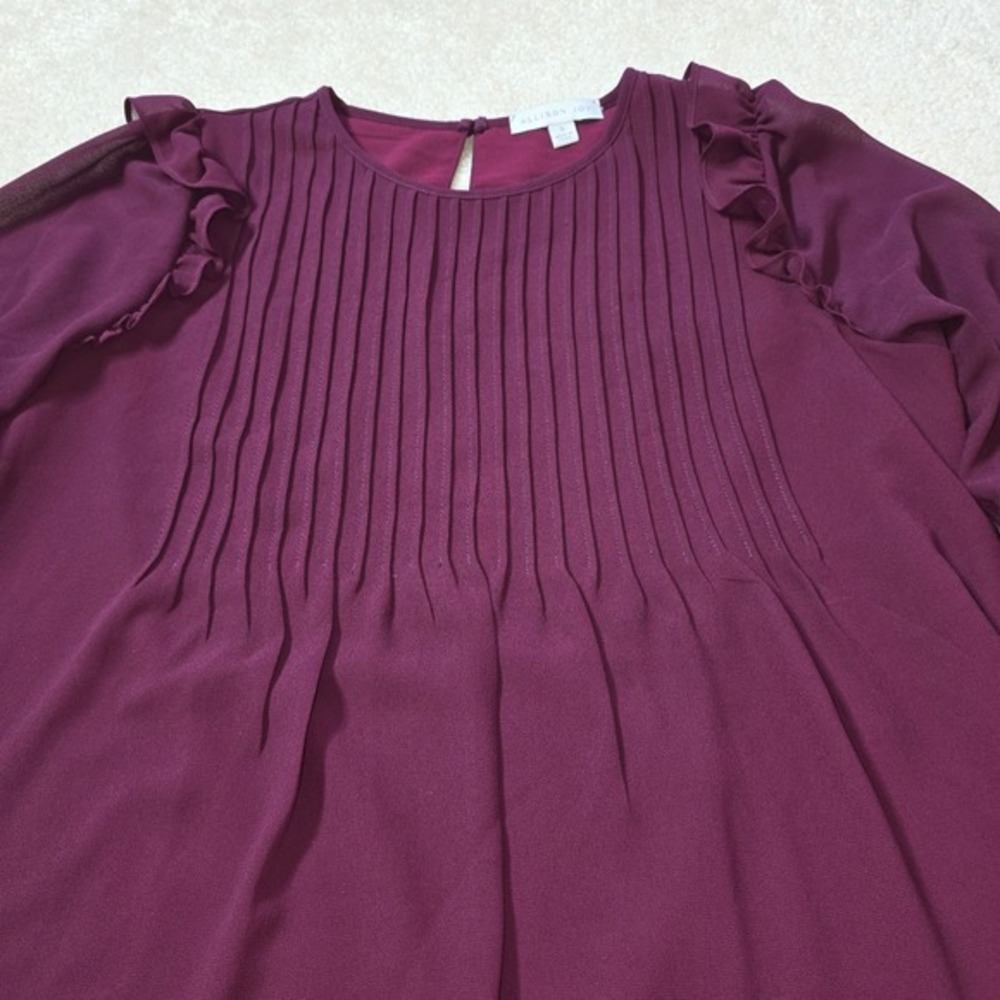 ALLISON JOY Womens Plum Pleated Ruffle Sleeve Keyhole Chiffon Blouse Top Size S - Picture 4 of 8